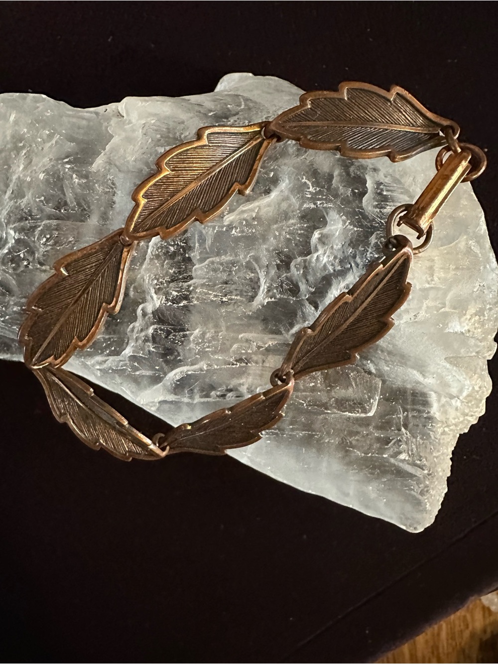 Vintage 60s Copper Linked Textured Leaf Double Clasp Bracelet